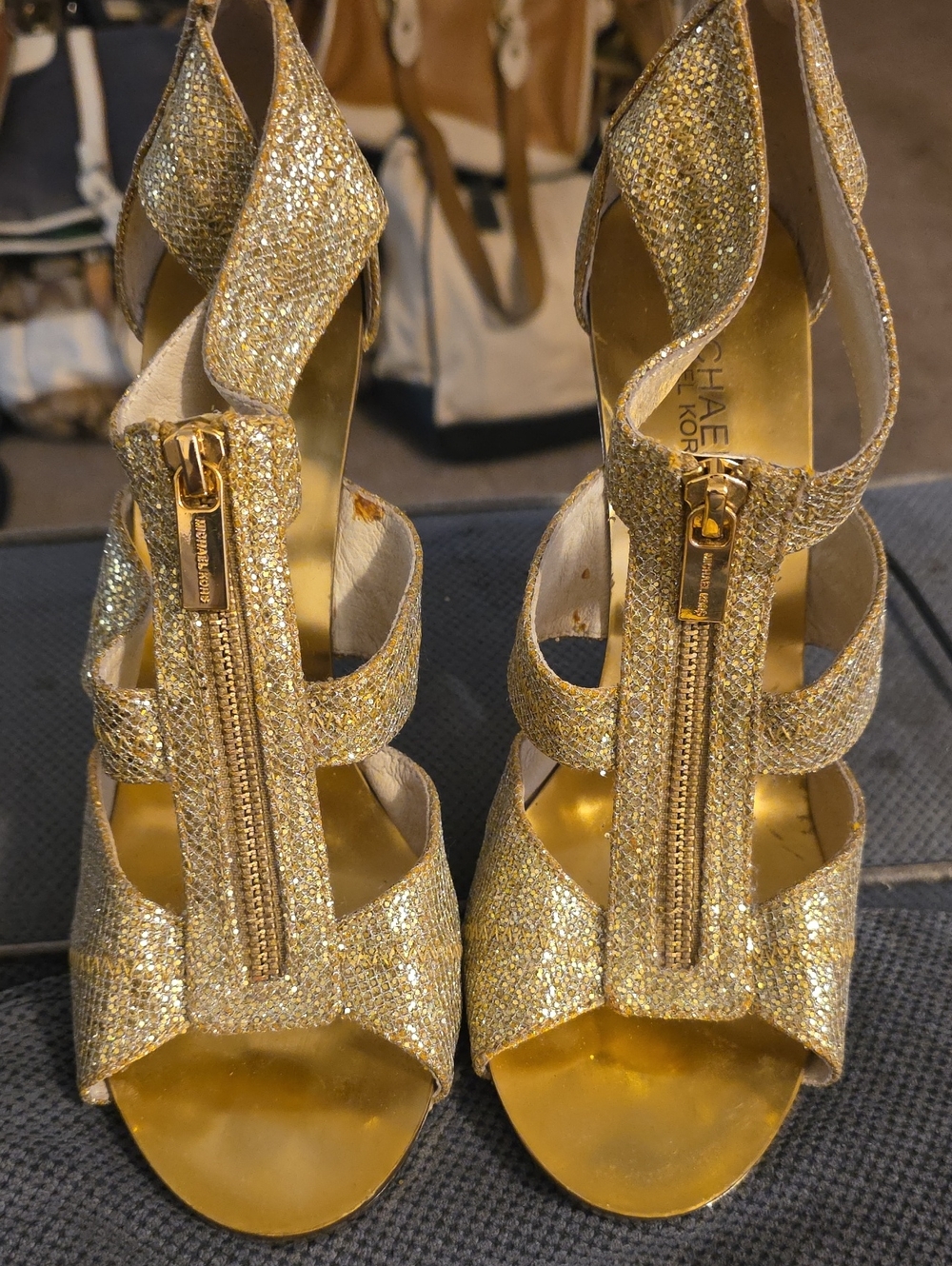 Michael Kors Gold Glitter Zip-Strap Women’s Heels
